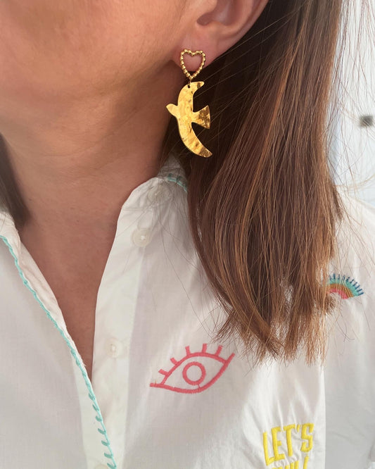 Pájaro – Boucles d'oreilles Oiseau Acier Doré Martelé