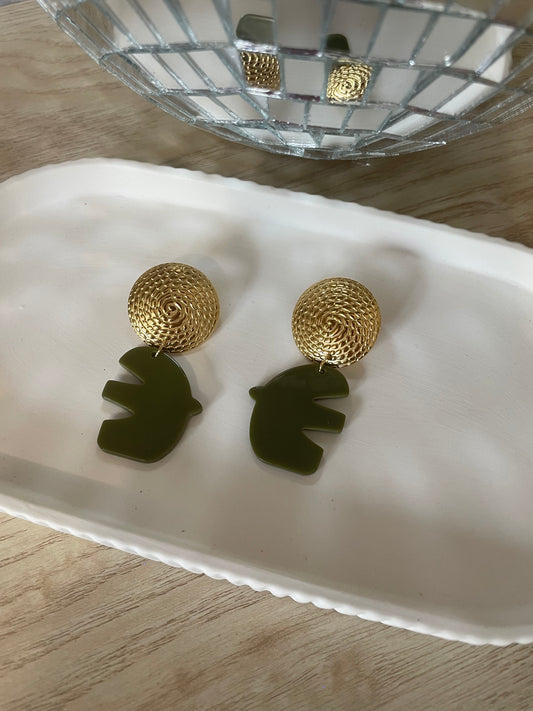 Boucles d’oreilles Olivia – Oiseaux kaki et acier inoxydable doré