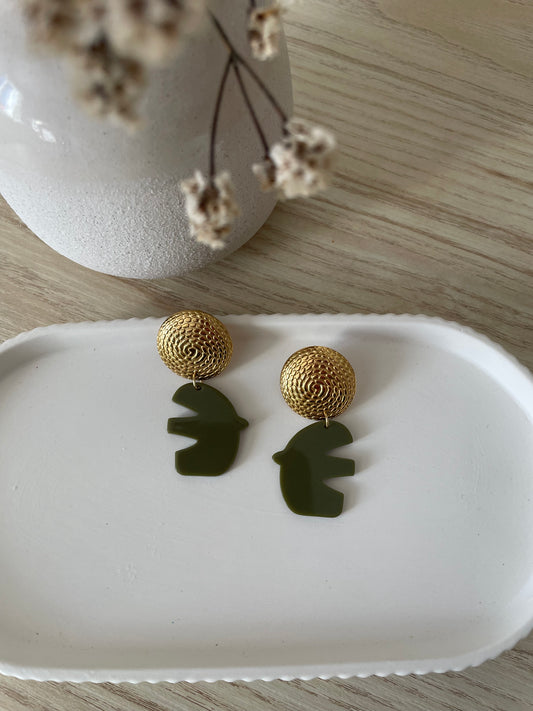 Boucles d’oreilles Olivia – Oiseaux kaki et acier inoxydable doré