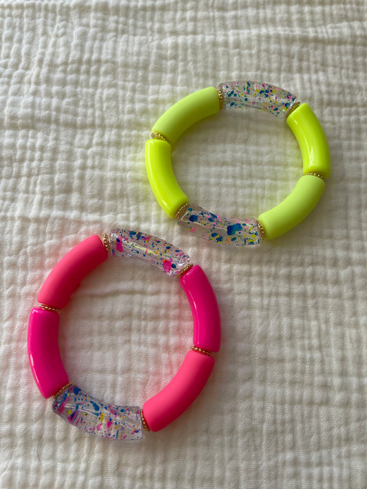 Fluo – Bracelet Élastique Perles Acryliques & Rondelles Dorées